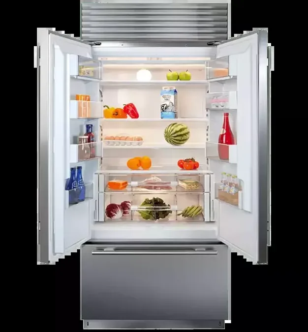 French-door refrigerator open above a freezer drawer