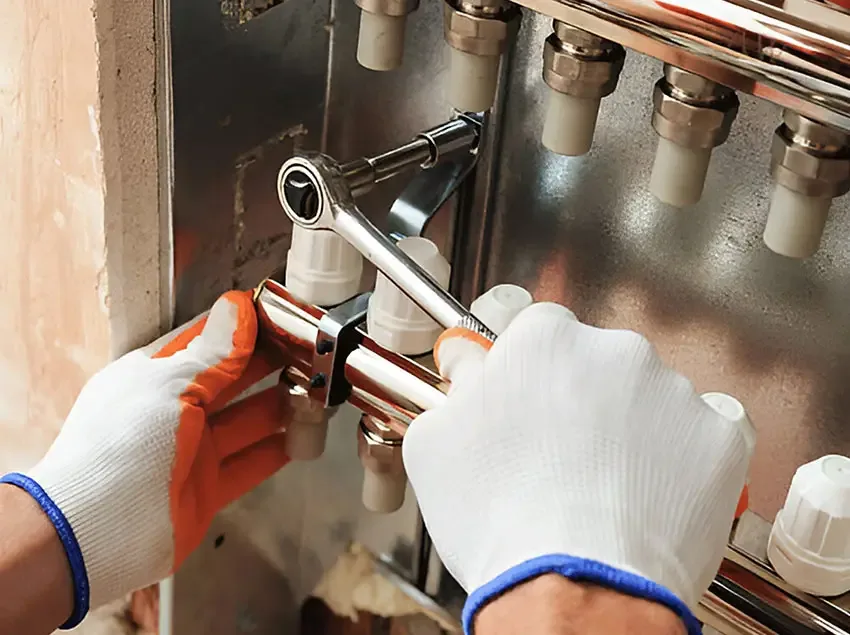 Gloved hands tightening a gas fitting with a ratchet