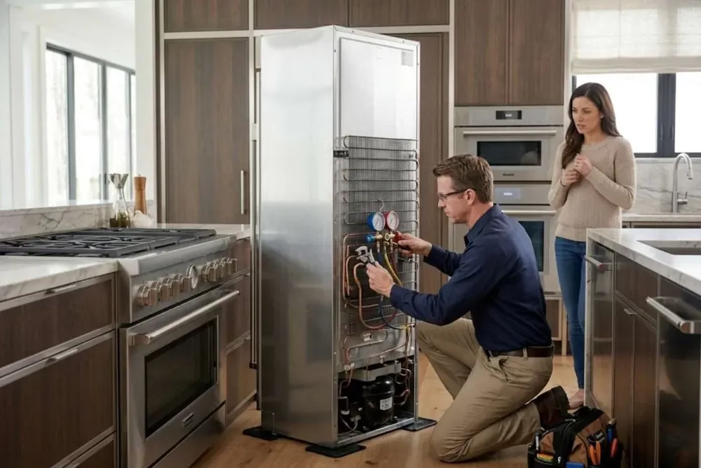 Technician with refrigerant gauges at a built-in refrigerator, homeowner watching